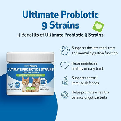 Pet Wellbeing Ultimate Probiotic 9 Strains with Prebiotics for Cats - Supports the Gut Microbiome and Digestion, Immune System Care, Urinary Tract Health, FOS, 2.5 billion CFU - 5.64 oz (160 g) Powder