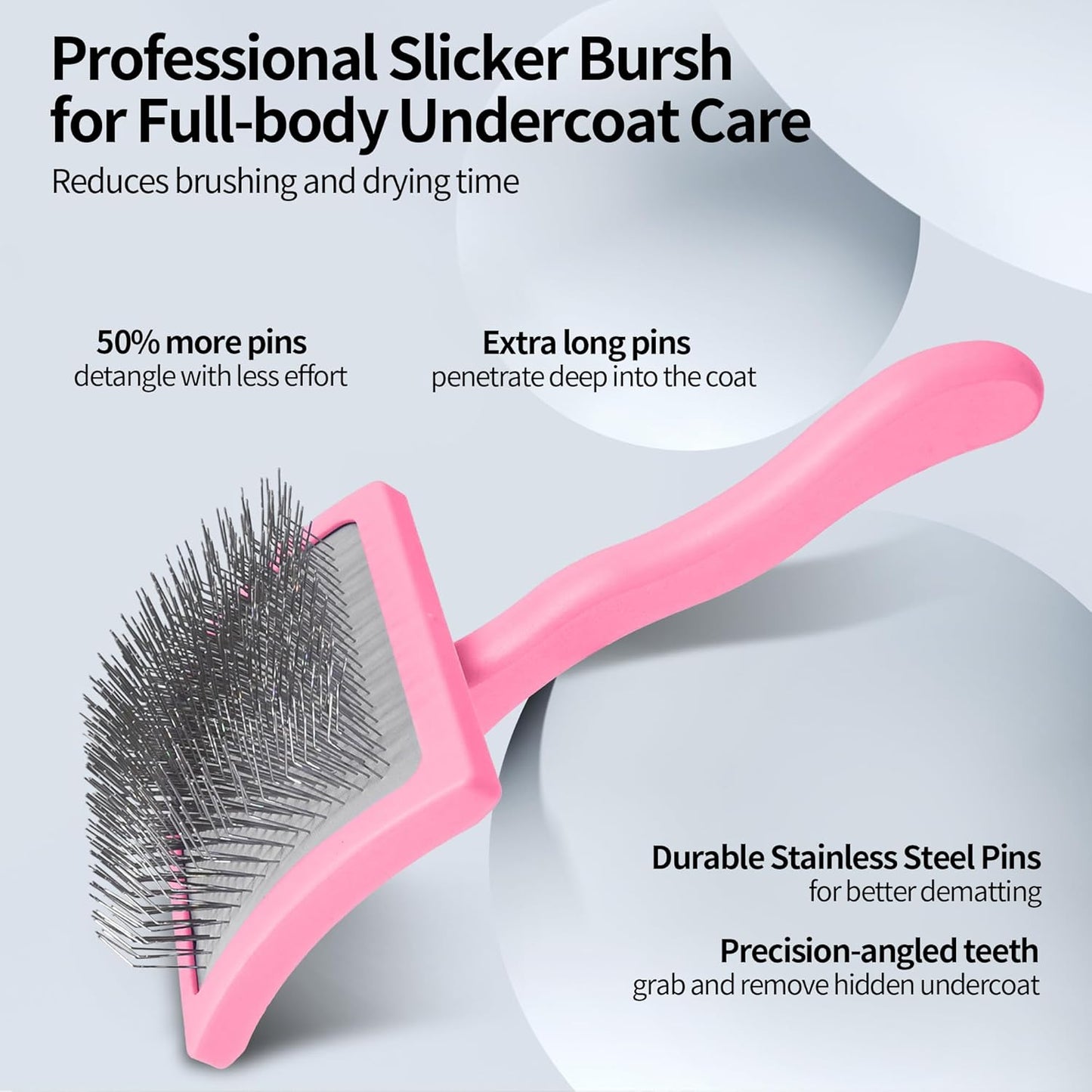 Pet Slicker Brush for Long & Short Hair - Detangling Tool for Dogs & Cats - 135° Angled Stainless Steel Pins, Curved Handle - Gentle Grooming for Small/Medium/Large Breeds (Pink)