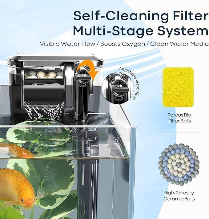 3 Gallon Small Fish Tank Glass Aquarium Set, Starter Kit with Heater Self Cleaning System Filter Bright Light Rocks Gravel Cleaning Tool, Leak-Proof Clear Rimless Desktop Spaces Saving Betta Fish