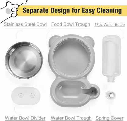 Dog Bowls, Cat Food and Water Bowl Set with Water Dispenser and Stainless Steel Bowl for Cats and Small Dogs - Grey