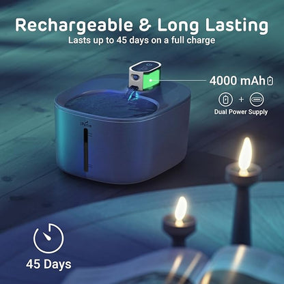 Runway Wireless Pump Cat Water Fountain with 4 Filters - Waterproof Self-Contained Battery, Stainless Steel, 1.1 Gal/135oz, Motion Sensor, 5-Stage Filtration for Pets, Upgraded Cordless