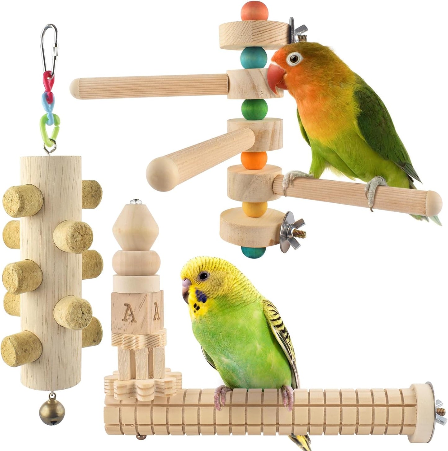 3pcs Natural Wood Bird Chewing Toys, Parrot Rotating Perch Stand, L-Shaped Perches with Chew Block, Hanging Cork Stopper Toys, Bird Cage Accessories for Parakeets Cockatiels Conures Lovebirds