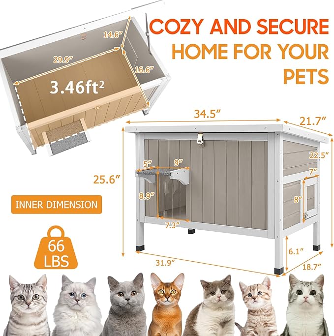 PetsCosset Insulated Cat House Outdoor Weatherproof Feral Cat Shelter for Winter, All-Round Foam Insulation Wooden Pet House for Small Animals with Escape Door,Openable Roof(34.5"L x 21.7"W x 25.6"H)
