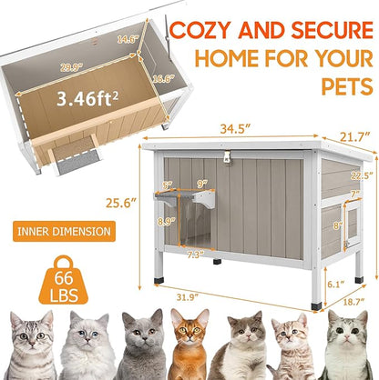 PetsCosset Insulated Cat House Outdoor Weatherproof Feral Cat Shelter for Winter, All-Round Foam Insulation Wooden Pet House for Small Animals with Escape Door,Openable Roof(34.5"L x 21.7"W x 25.6"H)