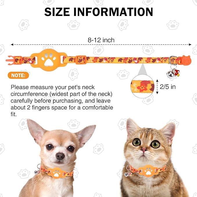 AirTag Cat Collar with Bells, Fall Cat Collar Breakaway with Airtag Holder, Safety Cat GPS Tracker Collars for Girl Boy Cats, Kittens and Puppies, Adjustable 8"-12"