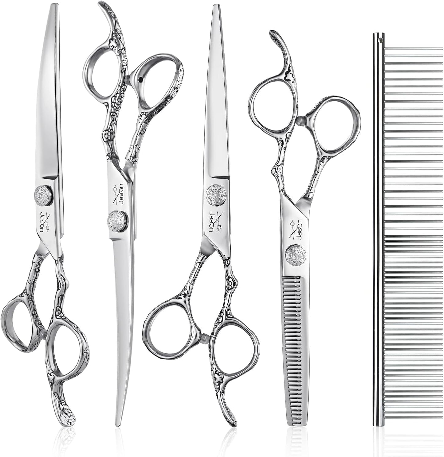 JASON Professional 6 in 1 Dog Scissors Set - 6.5" Thinning, 7" Straight, 7" Up-Curved, 7" Down-Curved Shears and Comb for Cat & Pet (Silver)