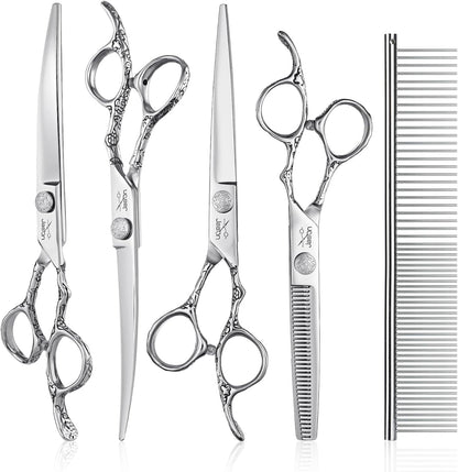 JASON Professional 6 in 1 Dog Scissors Set - 6.5" Thinning, 7" Straight, 7" Up-Curved, 7" Down-Curved Shears and Comb for Cat & Pet (Silver)