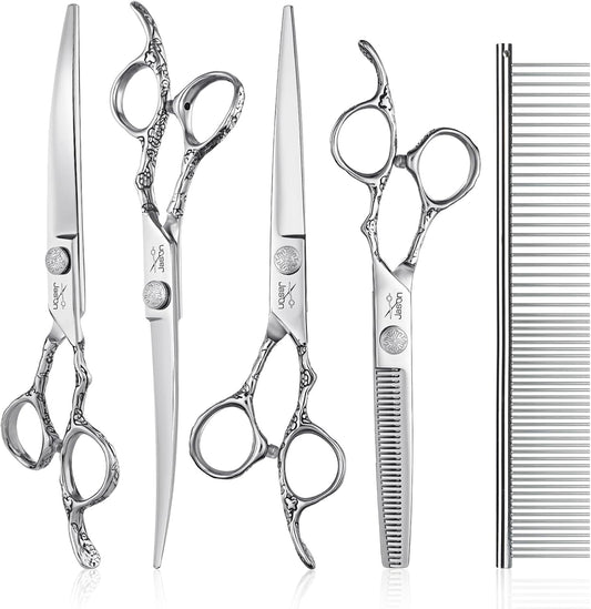JASON Professional 6 in 1 Dog Scissors Set - 6.5" Thinning, 7" Straight, 7" Up-Curved, 7" Down-Curved Shears and Comb for Cat & Pet (Silver)