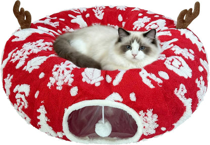 Cat Tunnel Bed for Indoor Cats, Soft Plush Donut Peekaboo Cat Cave, Multifunctional Playground Toy for Small Medium Large Cats, Kittens, Rabbits, Ferrets, with Washable Cushion (Christmas Red)