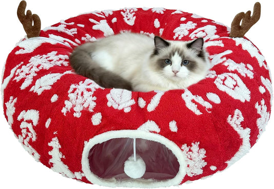Cat Tunnel Bed for Indoor Cats, Soft Plush Donut Peekaboo Cat Cave, Multifunctional Playground Toy for Small Medium Large Cats, Kittens, Rabbits, Ferrets, with Washable Cushion (Christmas Red)