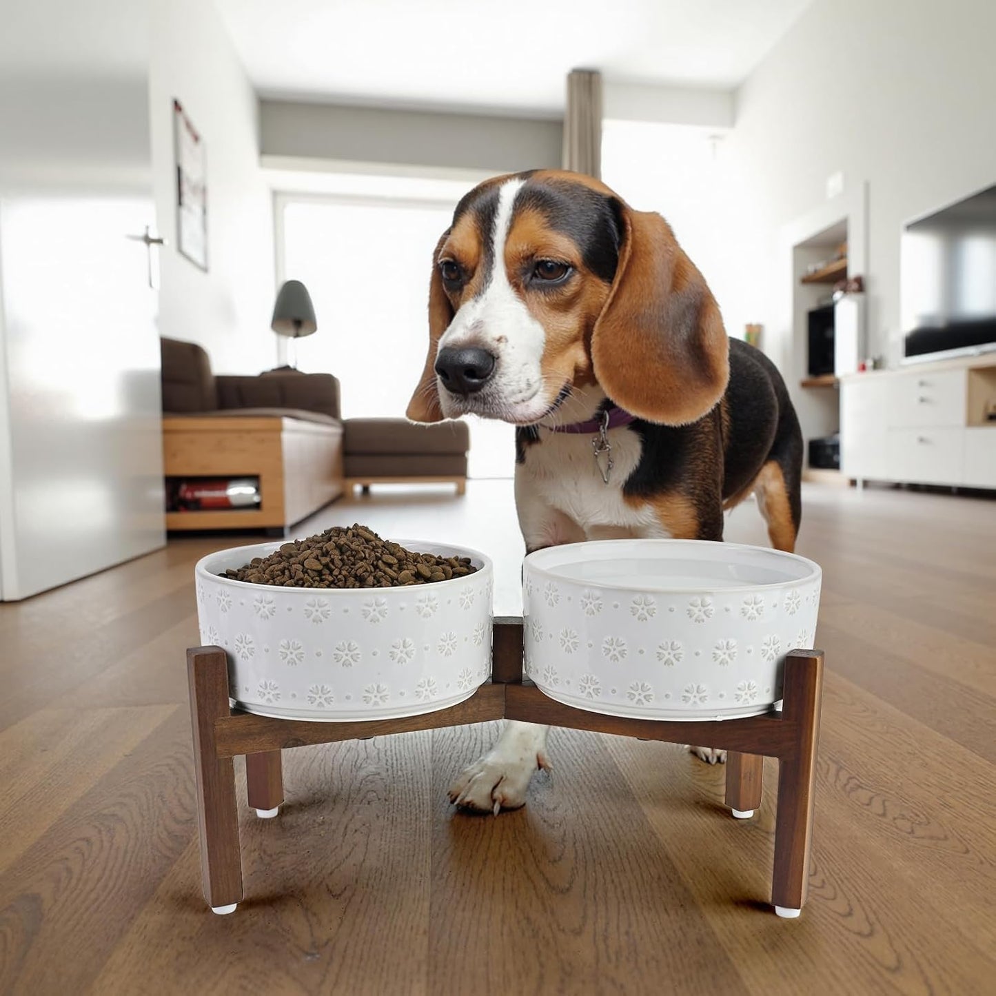 SPUNKYJUNKY Ceramic Dog Bowls with Acacia Wood Stand Raised Food and Water Bowl for Small Medium Sized Dog (18.5cm)