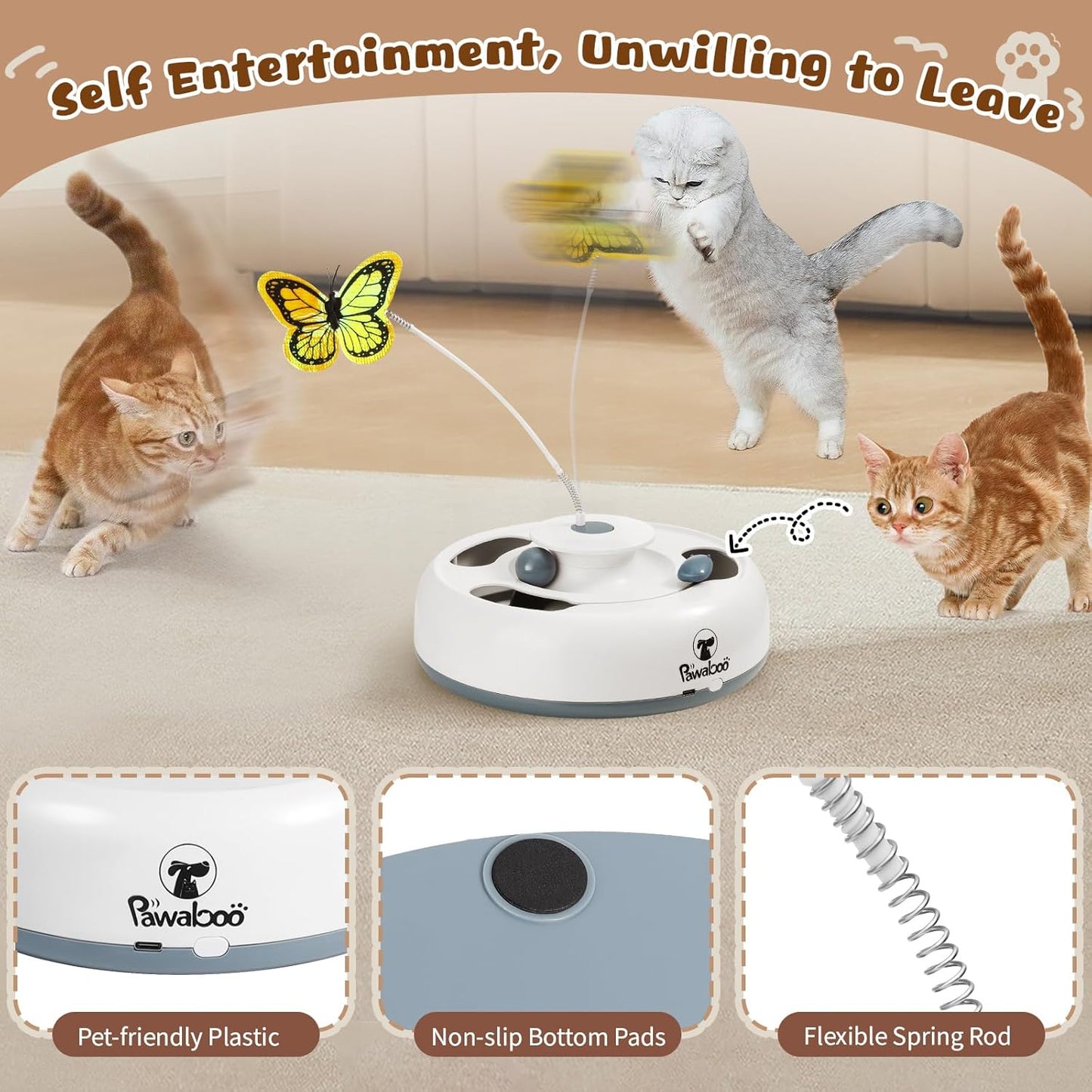 Pawaboo 3-in-1 Automatic Interactive Cat Toy, Electronic Motion Kitten Toy with Fluttering Butterfly Teasers, Track Ball & Random Hide Mouse, USB Rechargeable Cat Teaser Mouse Toys for Indoor Kitties