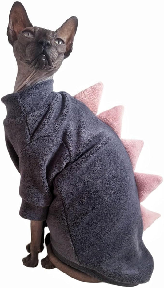 Dinosaur Sphynx Cat Clothes, Soft Polar Fleece Sweater for Cat, Elastic Pet Clothes Thick Winter Warm Outfit for Hairless Cat, Devon, Cornish, Small Dogs Apparel with Sleeves (Grey, Small)
