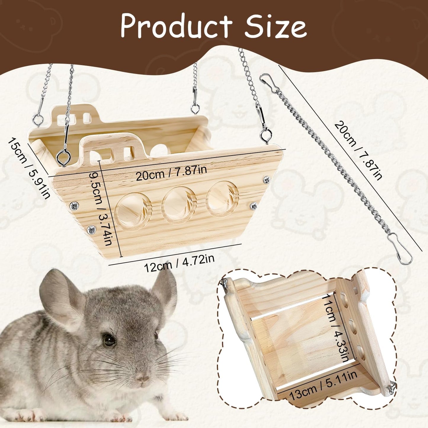 Natural Wood Chinchilla Toy Hammock for Cage Swing, Hanging Chinchilla Bed, Wooden Toys and Cage Accessories, Hut Ledges and Platforms for Indoor Habitat Enrichment