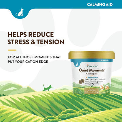NaturVet –Quiet Moments Calming Aid for Cats Plus Melatonin – 60 Soft Chews – Helps Reduce Stress & Promote Relaxation – Great for Storms, Fireworks, Travel & Grooming