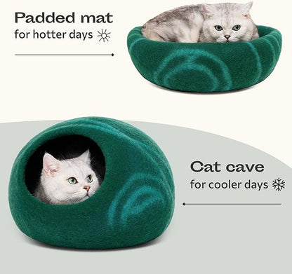 MEOWFIA Cat Cave – Premium Felt Cat Bed for Indoor Cats, Handmade 100% Merino Wool (Medium, Emerald)
