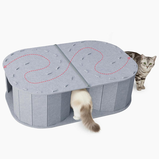 PETKARAY Large Felt Cat Tunnel, Double S-Shaped Hideaway for Indoor Cats, Interactive Cat Bed Cave and Hideout, 34x22.8x10.2 inches Grey