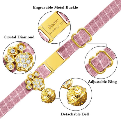 Personalized Breakaway Cat Collars - Magnetic Buckle, Bell - Safety Quick Release, Customized for Girls & Boys Cats- (Checkered-Pink)