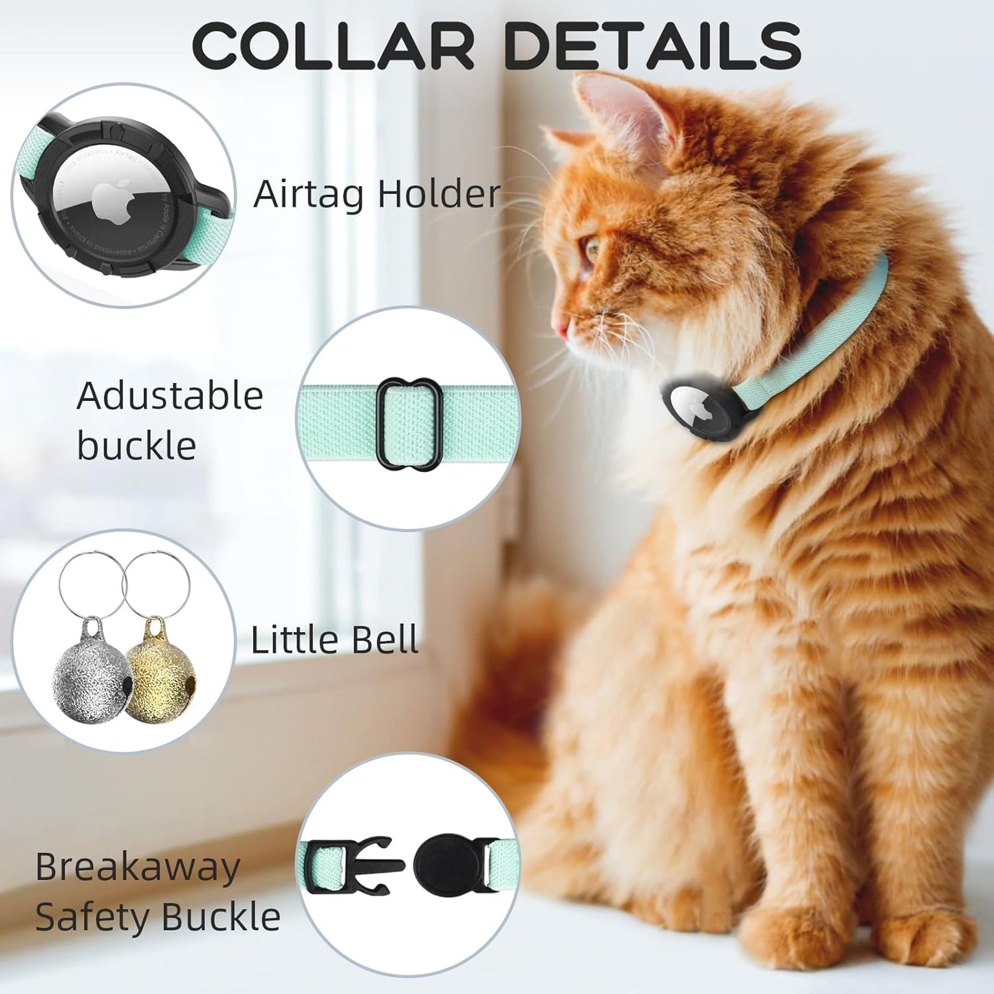 AirTag Cat Collars, Stretchy Collar with Apple AirTag Holder and Bell, Breakaway Ultra Design Elastic GPS Tracking Collars for Cats and Puppies, (7.5-12.5 Inch), Green