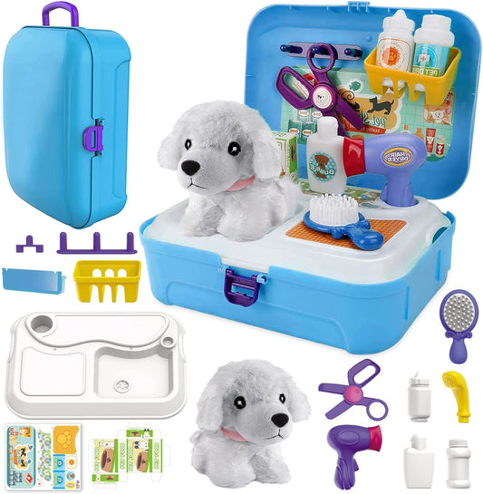 TEUVO Pet Care Playset, 16Pcs Kids Doctor Kit with Plush Dog & Backpack for Dog Grooming & Feeding, Pet Doctor Pretend Play Toys for 3 4 5 6 7 Years Old Girls Boys Birthday