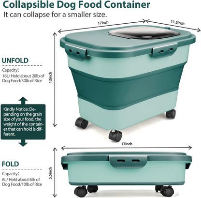Dog Food Storage Container, 5-20Lbs Collapsible Pet Food Storage Containers with Rolling Wheel Airtight Locking Lid, Dry Food Storage Bin with Cup and Scoop, Suitable for Pet Food, Flour, Rice