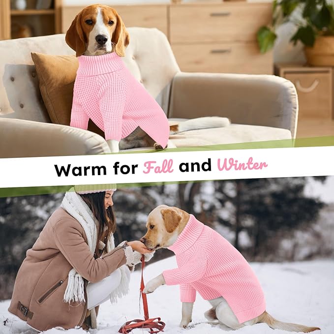 Queenmore Dog Sweaters for Large Dogs, Plaid Large Dog Sweater, Turtleneck Pet KintSweater with Check Pattern, Long Sleeve Holiday Pet Knitwear, Pink L