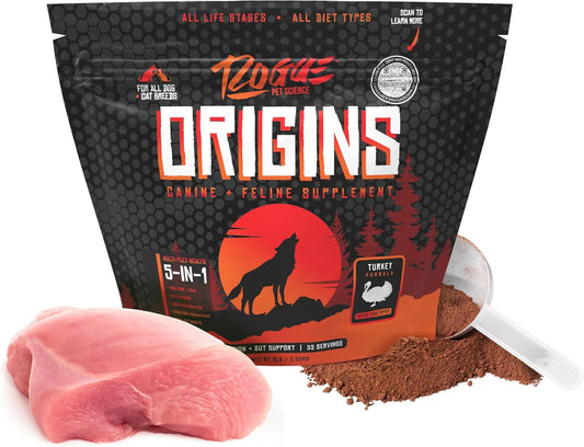 ROGUE PET SCIENCE Origins 5-in-1 Dog Supplement - Powdered Food Topper w/Natural Turkey Protein- Supports Healthy Digestion, Skin, and Coat - Helps Reduce Itching & Joint Inflammation (2LB)