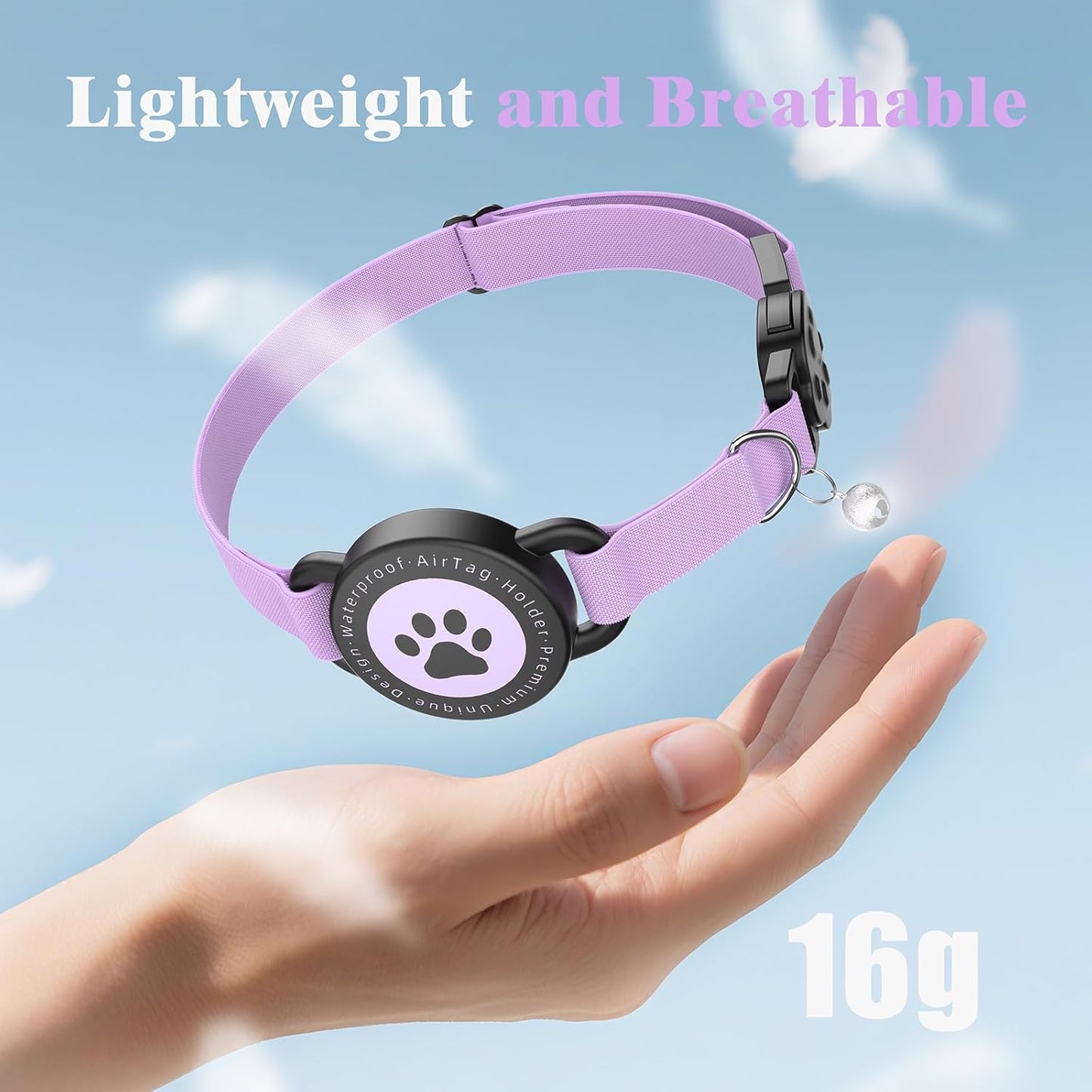 Airtag Cat Collar, Stretchy Kitten Collar with Apple Air Tag Holder, Lightweight and Comfortable, Ultra Elastic GPS Cat Collars for Cats Kittens and Puppies, 8-12.5 inch, Purple