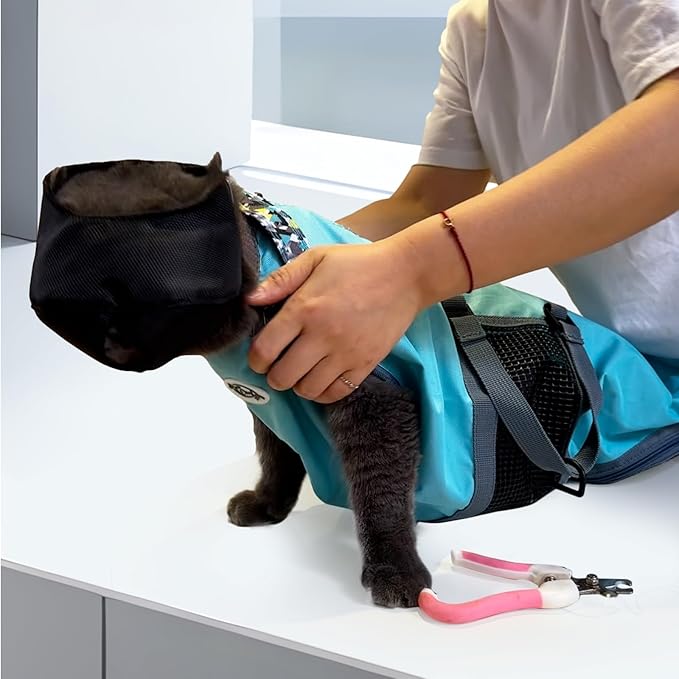 Cinf Cat Nail Clipping Cleaning Grooming Restraint Bag No Scratching Biting for Nail Trimming Injecting Examining(Blue,L)