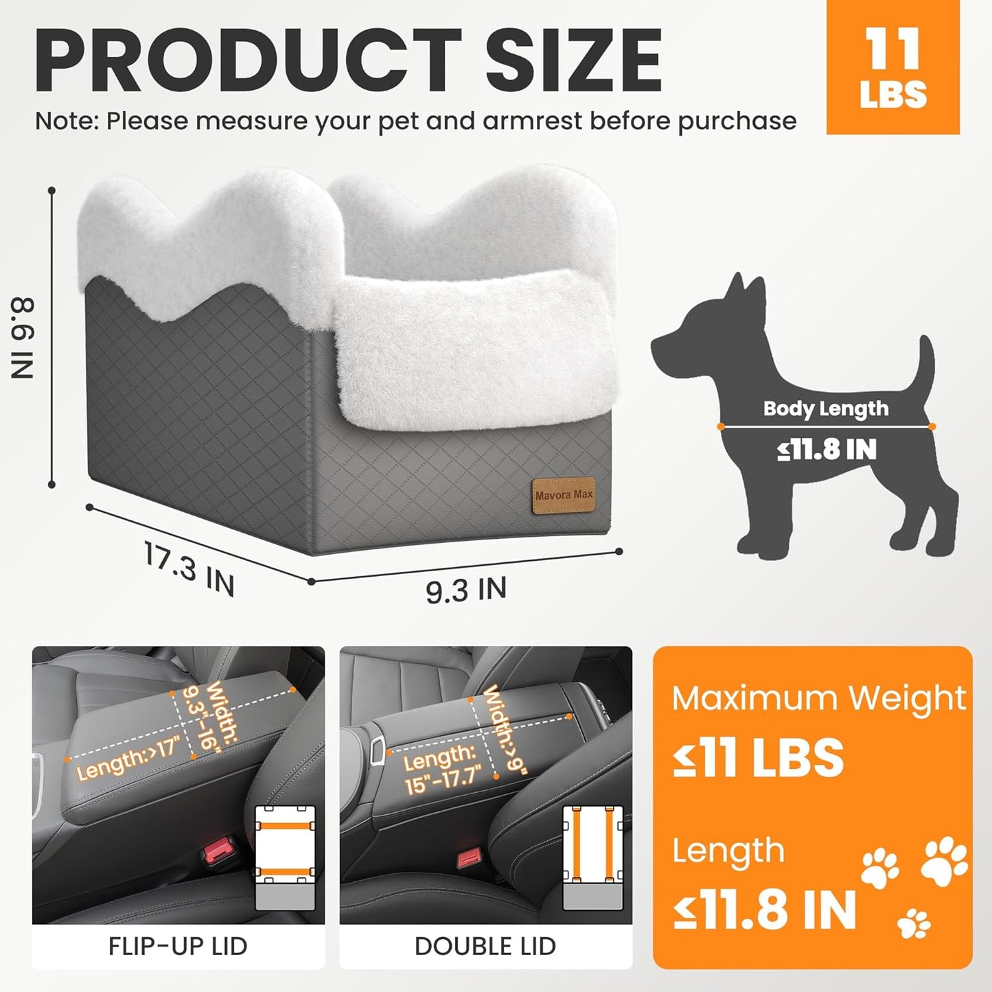 Portable Small Dog Seat for Car, Luxury Center Console Dog Car Seat Booster with Safety Tethers, Auti-Collapse Pet Travel Carseat for SUV, Truck (Dark Grey/White)