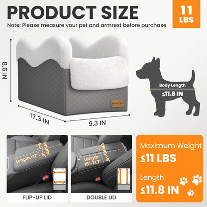 Portable Small Dog Seat for Car, Luxury Center Console Dog Car Seat Booster with Safety Tethers, Auti-Collapse Pet Travel Carseat for SUV, Truck (Dark Grey/White)