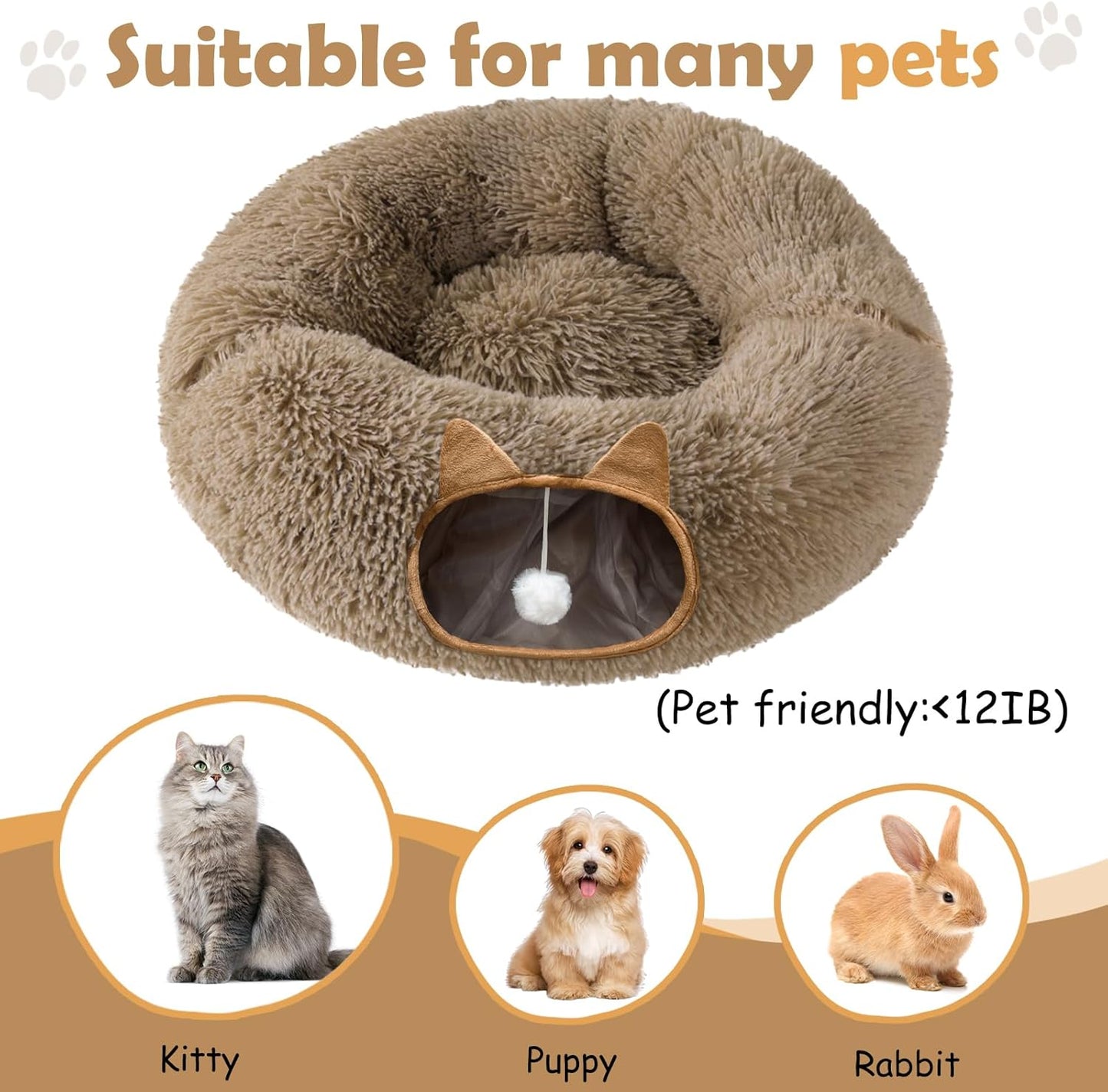 Cat Tunnel Bed for Indoor Cats, Soft Plush Donut Peekaboo Cat Cave, Multifunctional Playground Toy for Small Medium Large Cats, Kittens, Rabbits, Ferrets, with Washable Cushion (Brown)