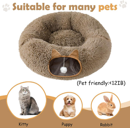 Cat Tunnel Bed for Indoor Cats, Soft Plush Donut Peekaboo Cat Cave, Multifunctional Playground Toy for Small Medium Large Cats, Kittens, Rabbits, Ferrets, with Washable Cushion (Brown)