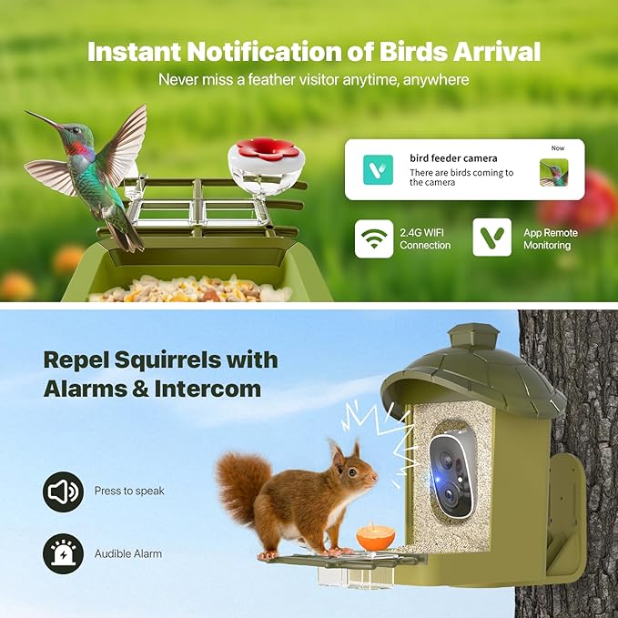 Smart Bird Feeder with Camera, Bird Feeder Camera 2K HD Record Video Live View with Solar Panel, AI Identify Species Auto Capture, Instant Arrival Alerts, Gift for Birds Lover