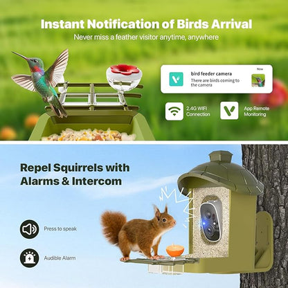 Smart Bird Feeder with Camera, Bird Feeder Camera 2K HD Record Video Live View with Solar Panel, AI Identify Species Auto Capture, Instant Arrival Alerts, Gift for Birds Lover