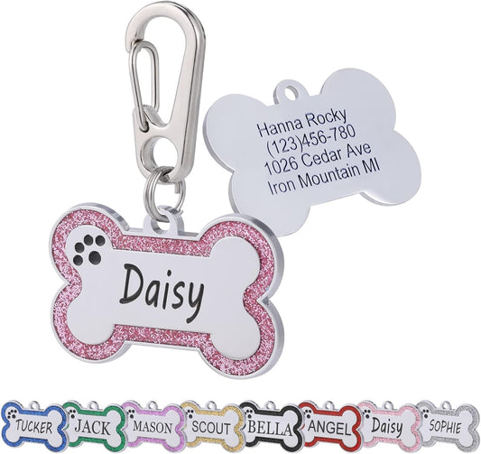 Personalized Stainless Steel Pet ID Tags with Glittery Bone Design - DEEP Engraved Dog Tags Engraved for Pets Customized with 5 Lines Dogs and Cats Pets