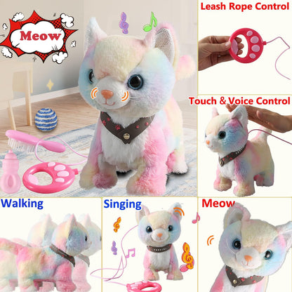 Colorful Leash Walking Cat Set Singing That Purrs and Meows Animated Plush Robot Kitten Moving Plush Realistic Stuffed Animal Remote Control Cute Kawai Robotic Kitty Toy for Girl