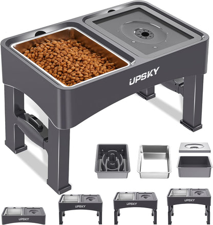 UPSKY 3-in-1 Elevated Dog Bowls Slow Feeder, Adjustable Stand, No Spill Water Dispenser, Stainless Steel Food & Water Bowl for Small Medium Dogs