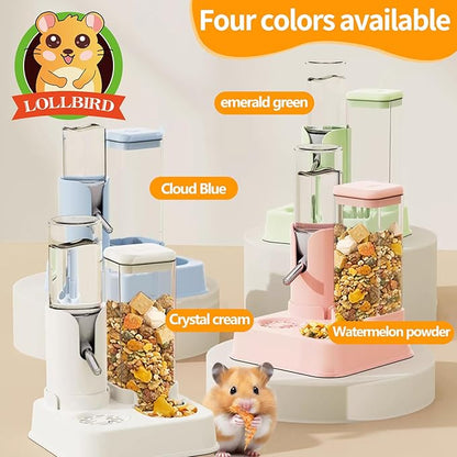 2-in-1 Hamster Water Bottle & Enhanced Food Dispenser - 35% Larger Food Capacity, Leak-Proof Design for Glass Tanks/Wire Cages Small Animal Accessories (White, 4.9IN+5.1IN+5.7)