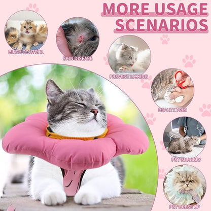 EMUST 2PCS Cat Recovery Suit and Cat Cone Collar Female, Cotton Breathable Cats Spay Recovery Suit, Adjustable Cute Flower Neck for Cats 8-16lb(Pink, L)