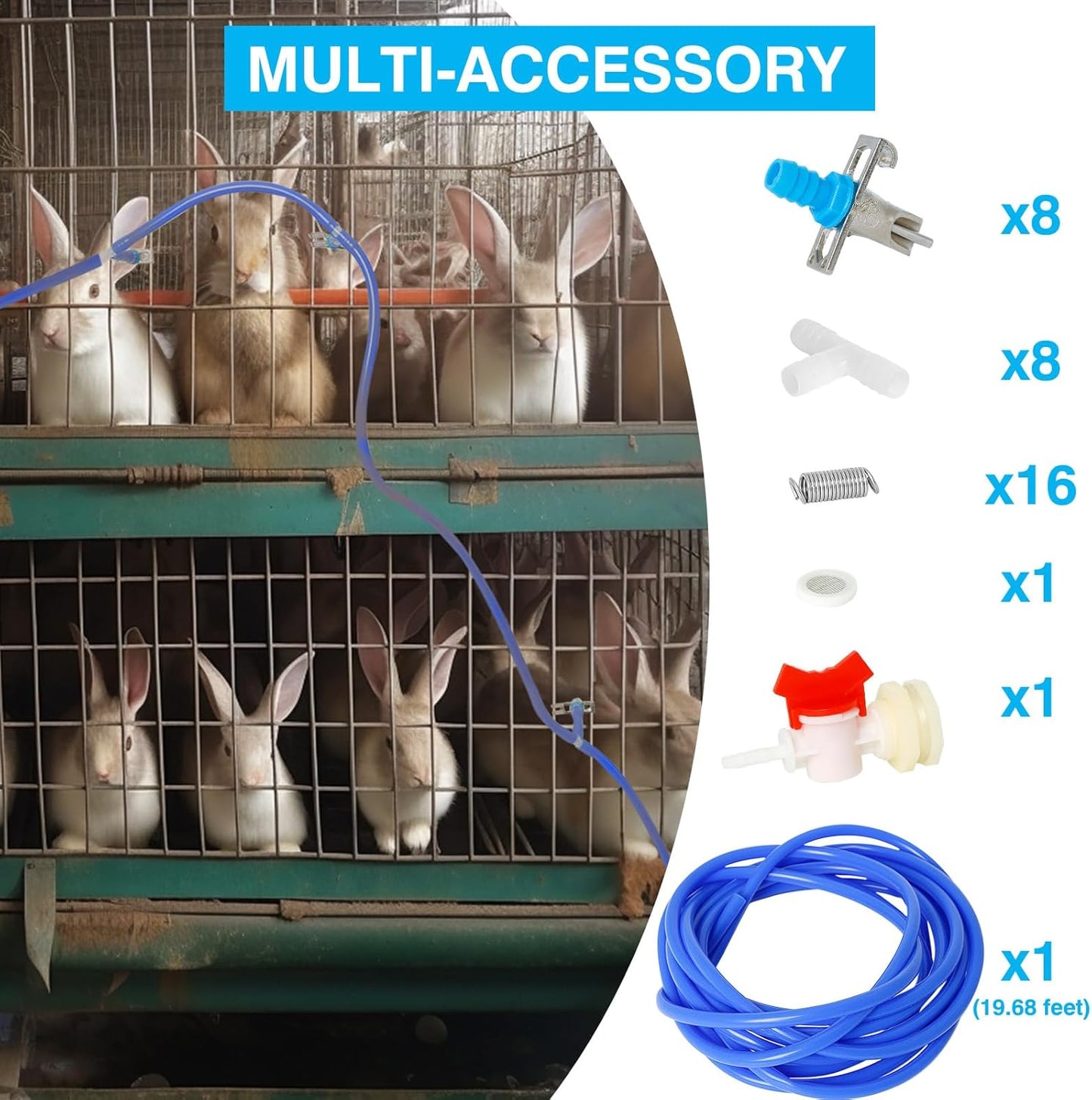 Automatic Rabbit Watering System,Quail Rabbit Water Bottle Dispenser 8 Nipples Drinker,ID 5/16" Hose 19.68 Feets,Barb Fittings to G1/2" Thread,T-Fittings,Springs,Gaskets,Bucket Connector