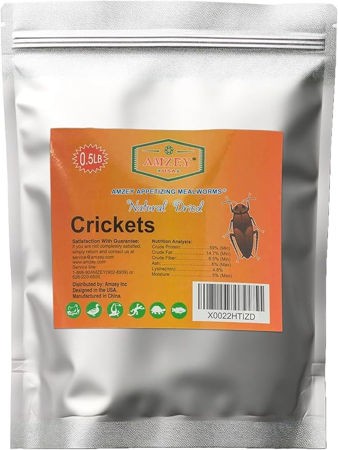 Amzey Appetizing Mealworms Natural Dried Crickets - Food for Bearded Dragons, Wild Birds, Chickens, Fish - (8 oz Resealable Bag) - Veterinary Certified
