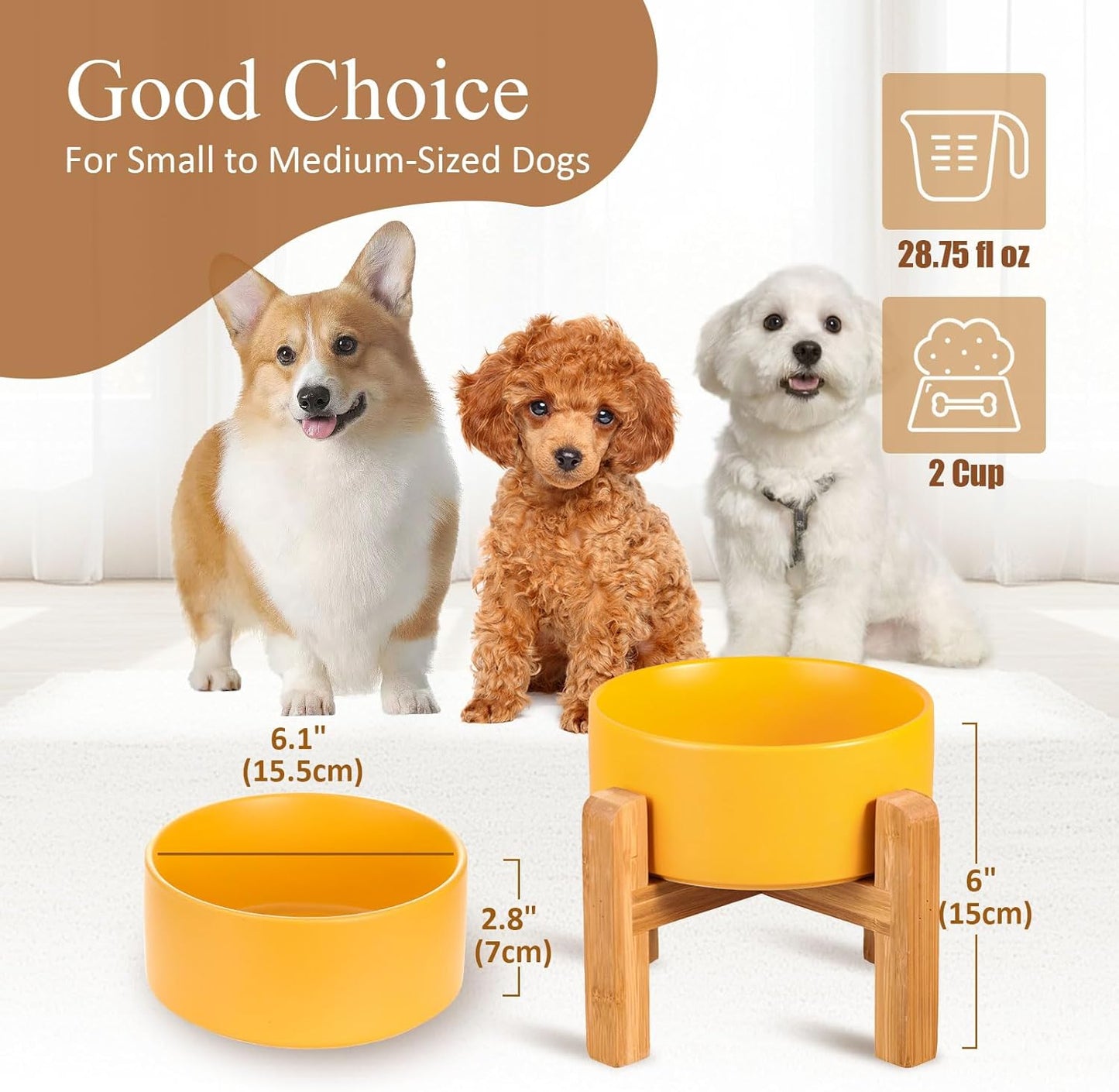 Yellow Ceramic Elevated Raised Cat Bowl with Wood Stand No Spill Pet Food Water Feeder Cats Small Dogs