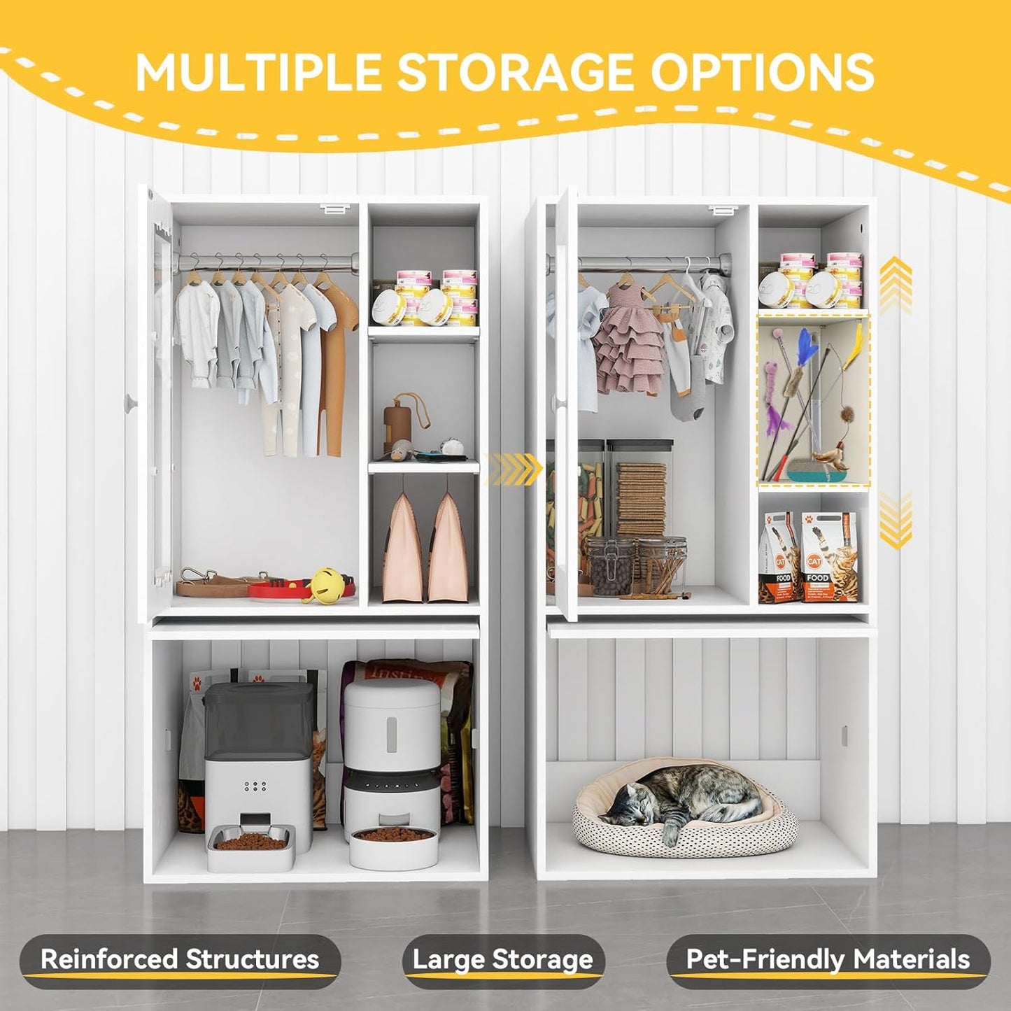 YU YUSING Dog Feeding Station for Automatic Feeder, Dog & Cat Food Storage Cabinet with Hanging Rods, Adjustable Panel, Hidden Automatic Pet Feeder Station for Food and Pet Supplies