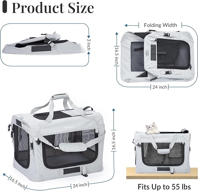 Extra Large Cat Carrier for 2 Cats, Collapsible Soft Sided Pet XL Crate for Large Mudium Big Cat 20lbs+, Car Travel Portable Bag for Long Trips Ride 24"x16.5"x16.5"