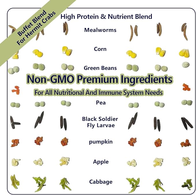 Hermit Crab Food, 4 oz Buffet Blend Mix with Mealworms, Black Soldier Fly Larvae and vegetables, Buffet Blend for Hermit Crab