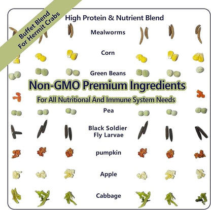 Hermit Crab Food, 4 oz Buffet Blend Mix with Mealworms, Black Soldier Fly Larvae and vegetables, Buffet Blend for Hermit Crab