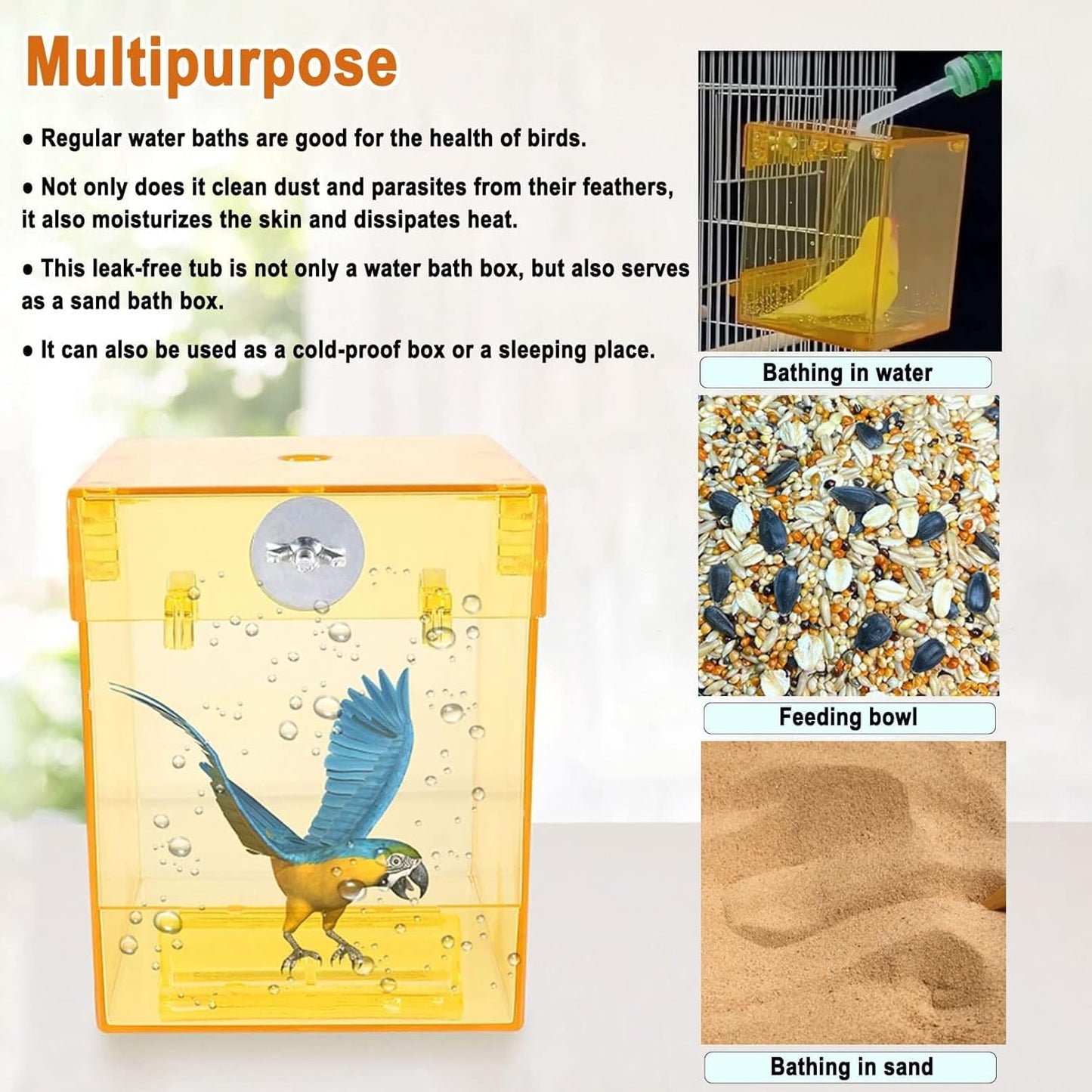 kathson 2PCS Parrot Bath Box Hanging Bird Bathtub Tub Bath Acrylic No-Leakage Shower Box Bowl Cage Accessory for Small Pet Bird Parakeet Canary Cockatiels Budgies Lovebirds（Yellow）