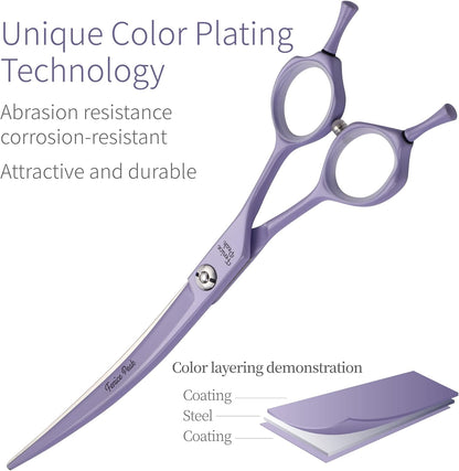 Fenice Peak Curved Dog Grooming Scissors with Violet Color Coating 440C Stainless Steel Pet Grooming Bending Shears Sharp and Durable Comfortable Engonomic Handle