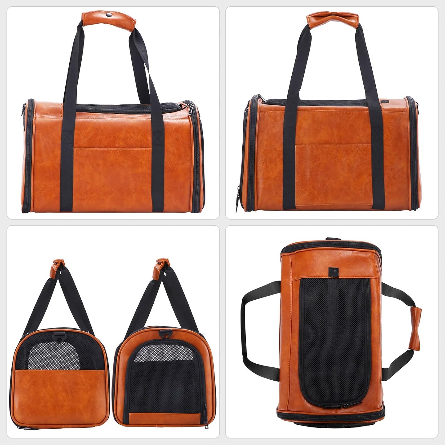 Fashion Leather Dog Carrier Cat Carrier Airline Approved Pet Carrier for Small Medium Dogs Cats Under 15Lbs, Collapsible Soft Sided Travel Puppy Carrier Brown